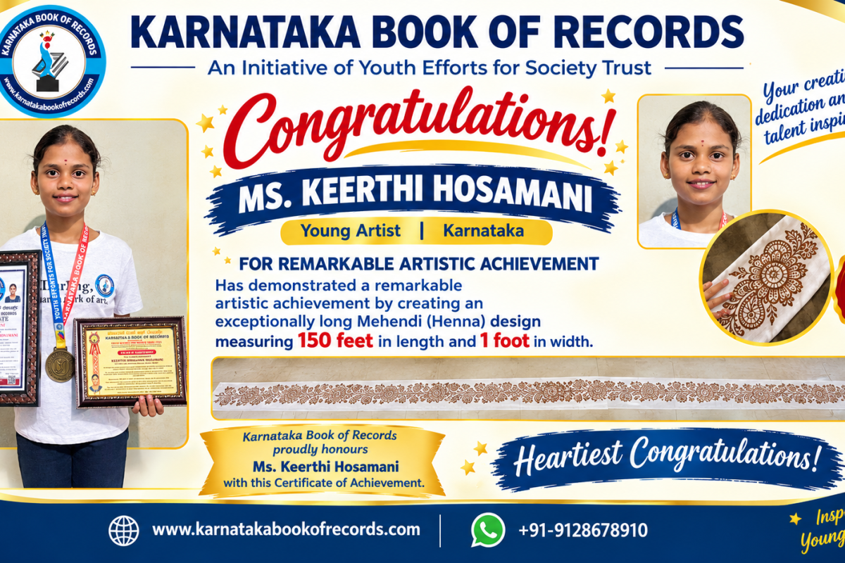 Karnataka Book of Records Honours Keerthi Hosamani for Creating 150-Foot-Long Mehendi Artwork